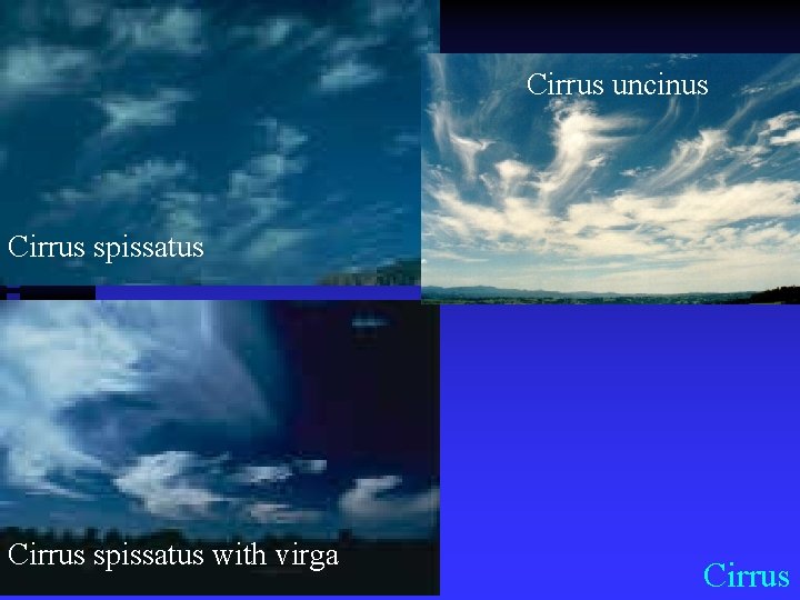 Cirrus uncinus Cirrus spissatus with virga Cirrus 