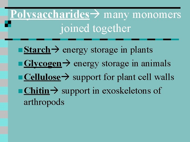 Polysaccharides many monomers joined together n Starch energy storage in plants n Glycogen energy