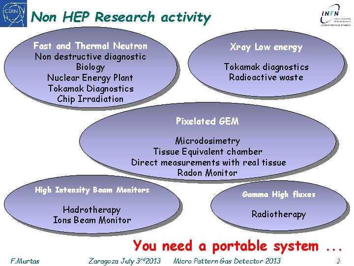 Non HEP Research activity Fast and Thermal Neutron Non destructive diagnostic Biology Nuclear Energy
