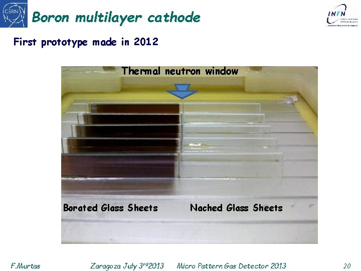 Boron multilayer cathode First prototype made in 2012 Thermal neutron window Borated Glass Sheets