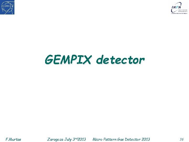 GEMPIX detector F. Murtas Zaragoza July 3 rd 2013 Micro Pattern Gas Detector 2013