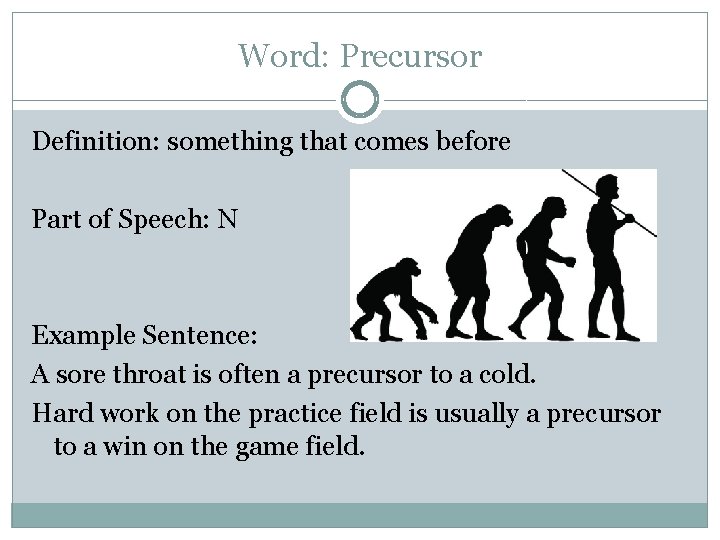 Word: Precursor Definition: something that comes before Part of Speech: N Example Sentence: A