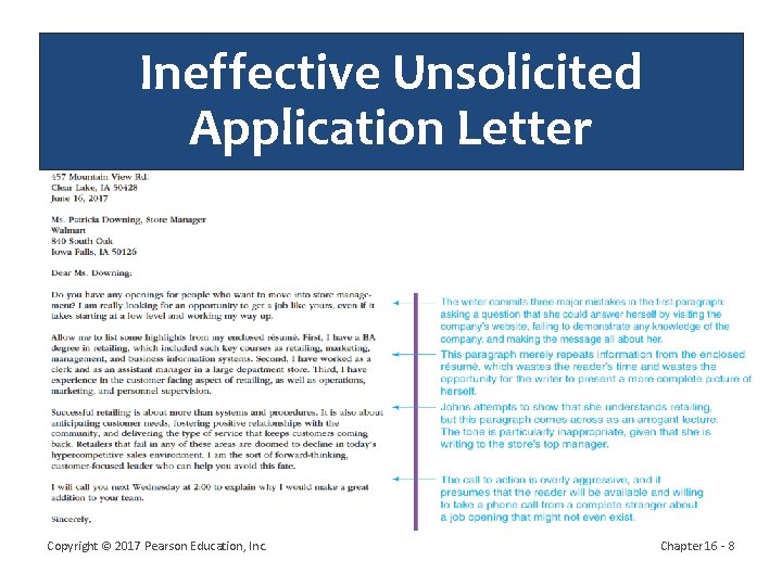 Ineffective Unsolicited Application Letter Copyright © 2017 Pearson Education, Inc. Chapter 16 - 8