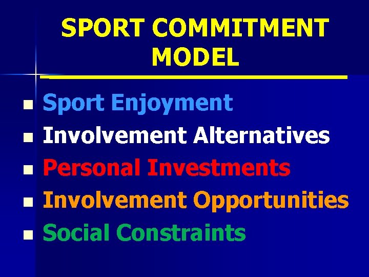 SPORT COMMITMENT MODEL n n n Sport Enjoyment Involvement Alternatives Personal Investments Involvement Opportunities