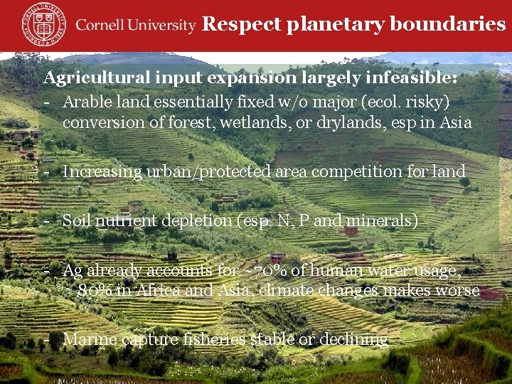 Respect planetary boundaries Agricultural input expansion largely infeasible: - Arable land essentially fixed w/o
