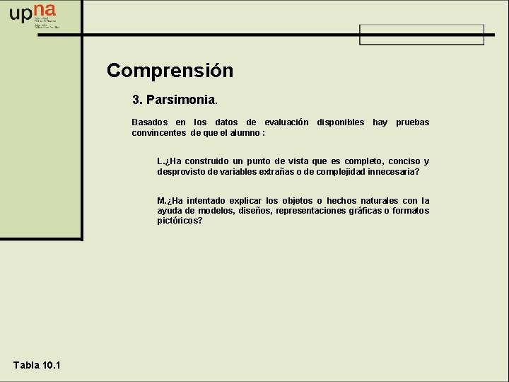 Comprensión 3. Parsimonia. Basados en los datos de evaluación convincentes de que el alumno