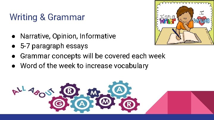Writing & Grammar ● ● Narrative, Opinion, Informative 5 -7 paragraph essays Grammar concepts