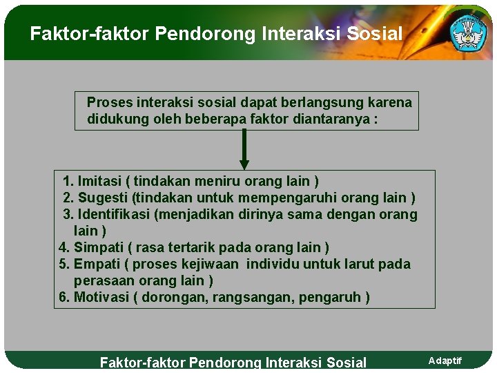 Faktor-faktor Pendorong Interaksi Sosial Proses interaksi sosial dapat berlangsung karena didukung oleh beberapa faktor