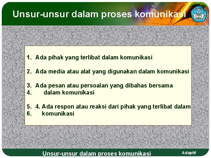 Unsur-unsur dalam proses komunikasi 1. Ada pihak yang terlibat dalam komunikasi 2. Ada media