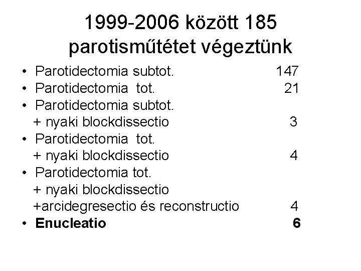1999 -2006 között 185 parotisműtétet végeztünk • Parotidectomia subtot. + nyaki blockdissectio • Parotidectomia