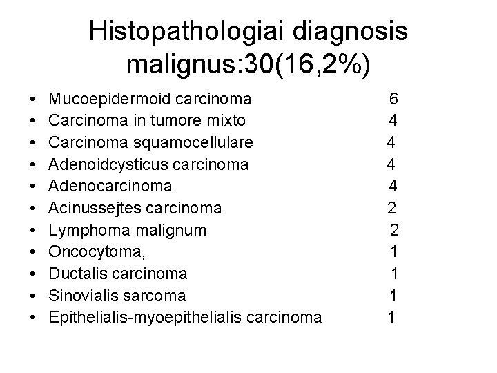 Histopathologiai diagnosis malignus: 30(16, 2%) • • • Mucoepidermoid carcinoma Carcinoma in tumore mixto