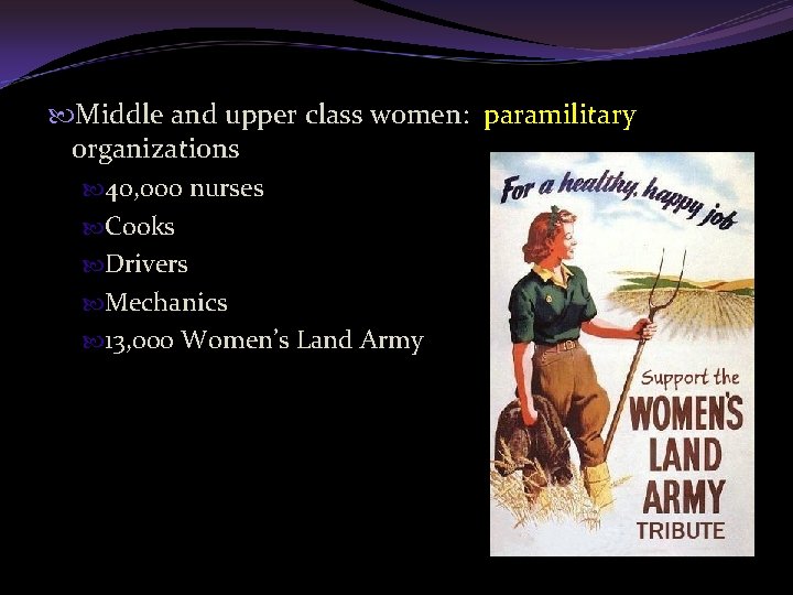  Middle and upper class women: paramilitary organizations 40, 000 nurses Cooks Drivers Mechanics