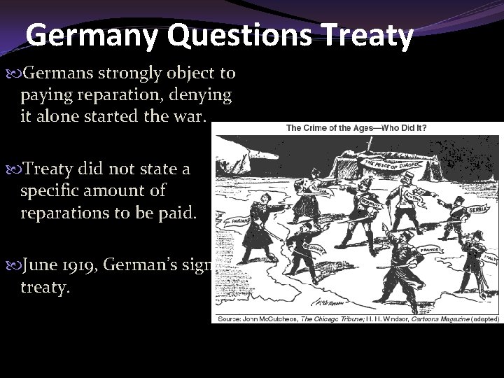 Germany Questions Treaty Germans strongly object to paying reparation, denying it alone started the