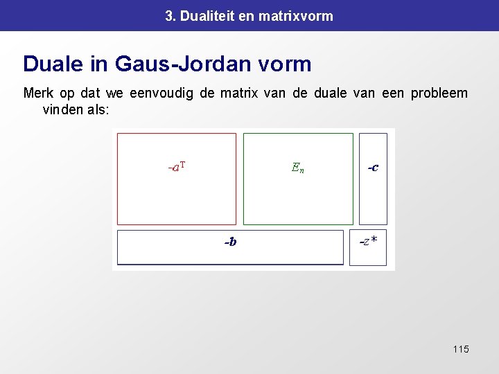 3. Dualiteit en matrixvorm Duale in Gaus-Jordan vorm Merk op dat we eenvoudig de