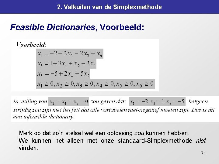 2. Valkuilen van de Simplexmethode Feasible Dictionaries, Voorbeeld: Merk op dat zo’n stelsel wel