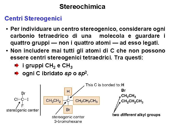 Stereochimica Centri Stereogenici • Per individuare un centro stereogenico, considerare ogni carbonio tetraedrico di