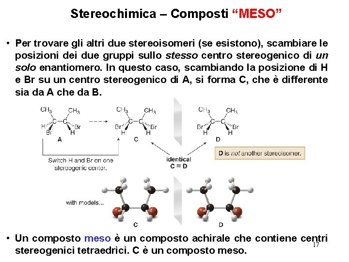 Stereochimica – Composti “MESO” • Per trovare gli altri due stereoisomeri (se esistono), scambiare
