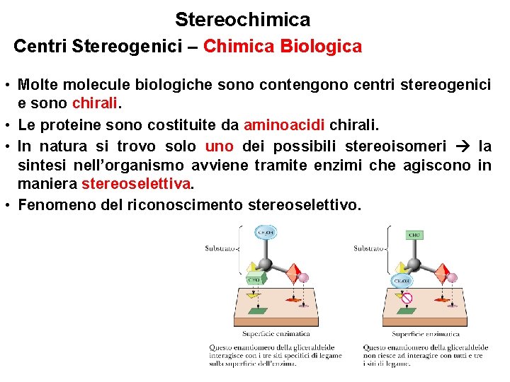 Stereochimica Centri Stereogenici – Chimica Biologica • Molte molecule biologiche sono contengono centri stereogenici Stereochimica Centri Stereogenici – Chimica Biologica • Molte molecule biologiche sono contengono centri stereogenici
