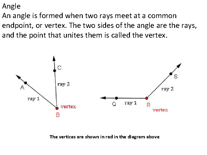 Angle An angle is formed when two rays meet at a common endpoint, or