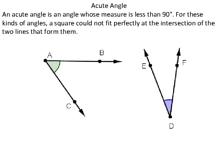 Acute Angle An acute angle is an angle whose measure is less than 90°.