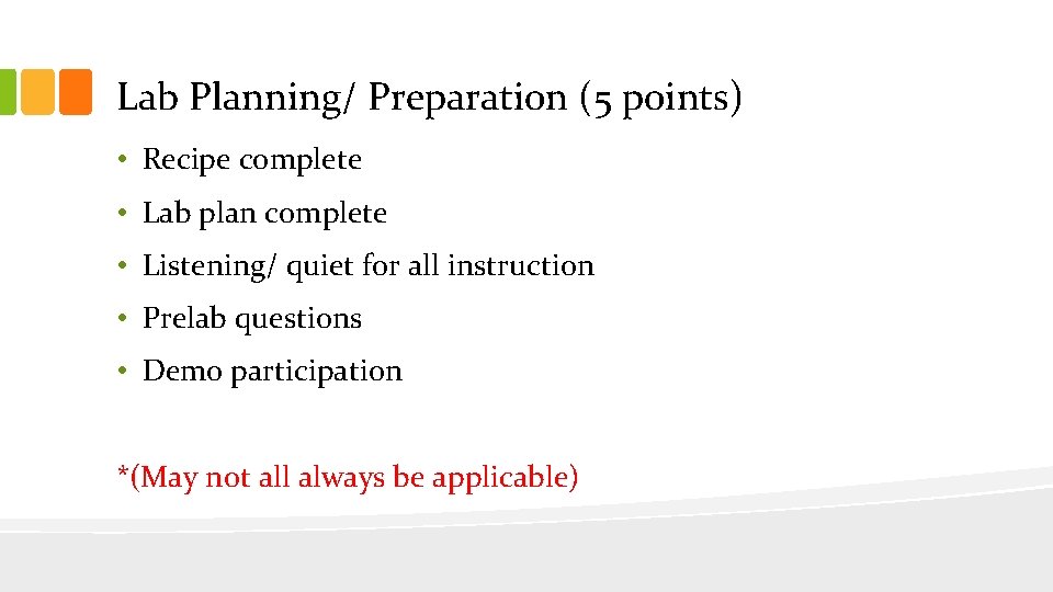 Lab Planning/ Preparation (5 points) • Recipe complete • Lab plan complete • Listening/