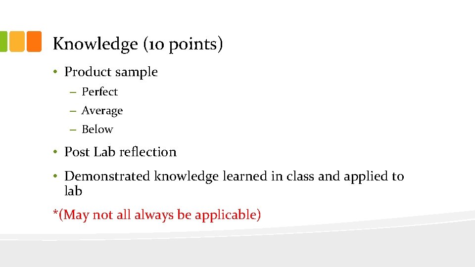 Knowledge (10 points) • Product sample – Perfect – Average – Below • Post