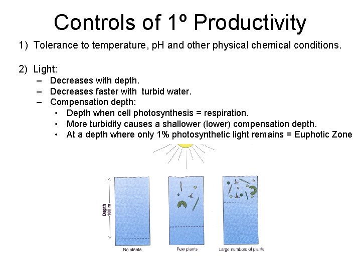 Controls of 1º Productivity 1) Tolerance to temperature, p. H and other physical chemical