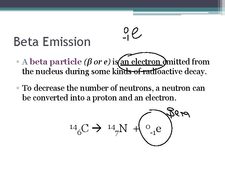 Beta Emission ▫ A beta particle (β or e) is an electron emitted from