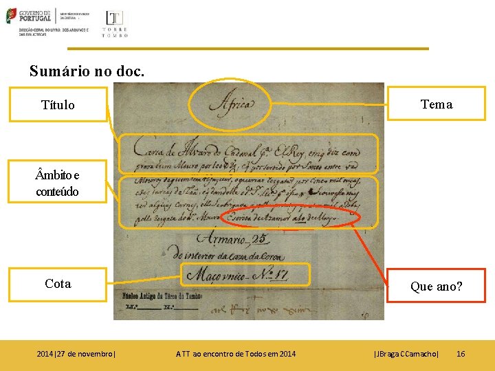 Sumário no doc. Título Tema mbito e conteúdo Cota Que ano? 2014|27 de novembro|