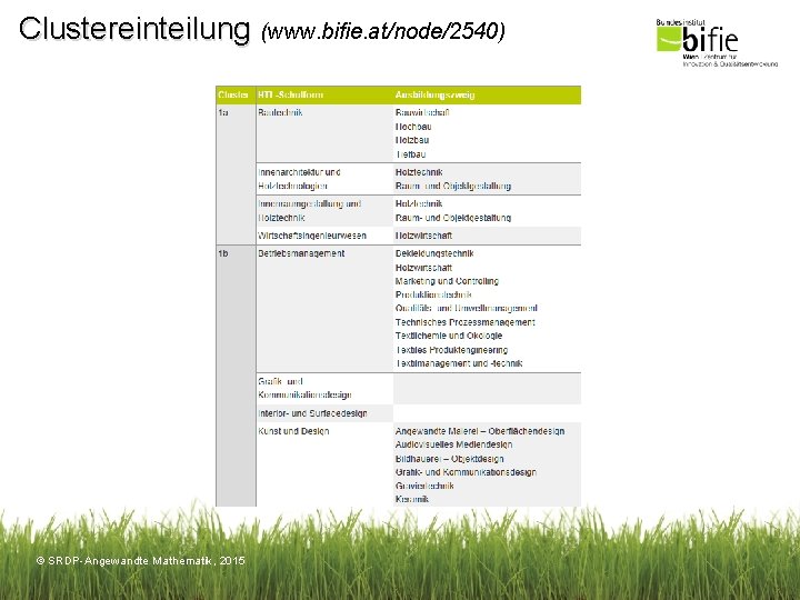 Clustereinteilung (www. bifie. at/node/2540) © SRDP-Angewandte Mathematik, 2015 