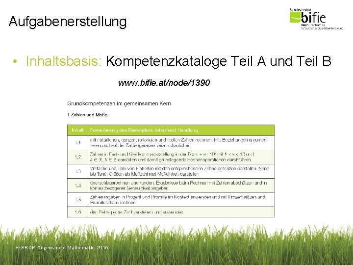 Aufgabenerstellung • Inhaltsbasis: Kompetenzkataloge Teil A und Teil B www. bifie. at/node/1390 © SRDP-Angewandte