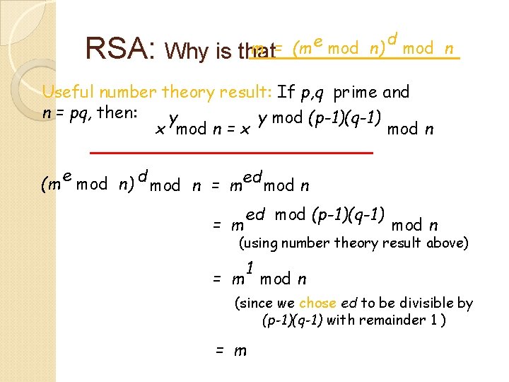 RSA: Why is e mod n) m = (m that d mod n Useful