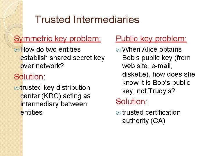 Trusted Intermediaries Symmetric key problem: Public key problem: How When do two entities establish