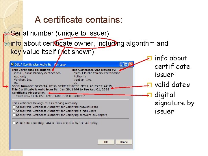 A certificate contains: Serial number (unique to issuer) info about certificate owner, including algorithm