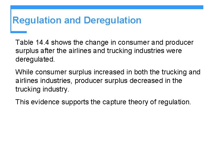 Regulation and Deregulation Table 14. 4 shows the change in consumer and producer surplus