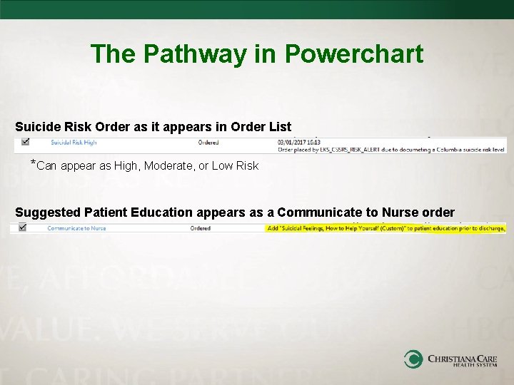 The Pathway in Powerchart Suicide Risk Order as it appears in Order List *Can