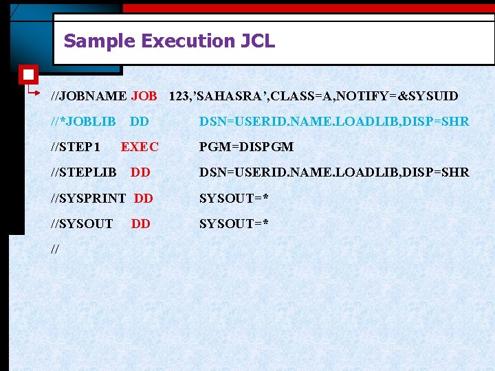 Sample Execution JCL //JOBNAME JOB 123, ’SAHASRA’, CLASS=A, NOTIFY=&SYSUID //*JOBLIB //STEP 1 //STEPLIB DD