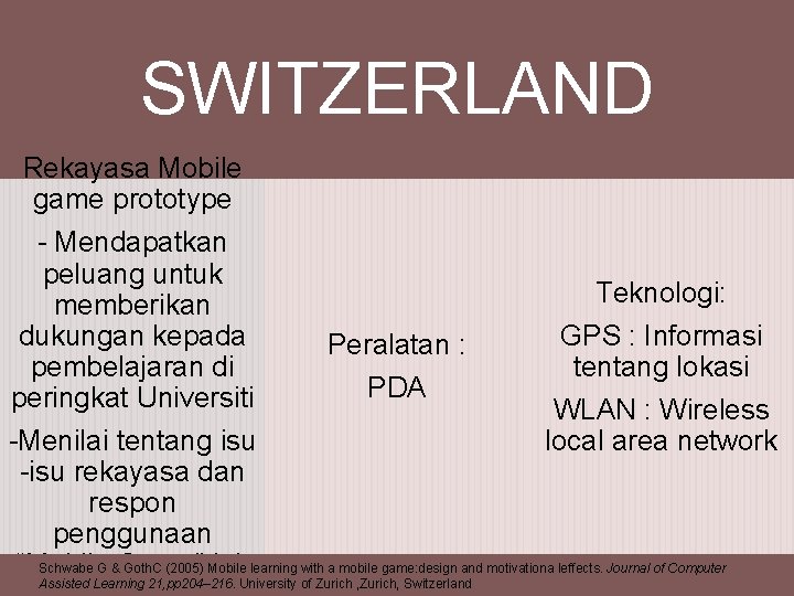 SWITZERLAND Rekayasa Mobile game prototype - Mendapatkan peluang untuk memberikan dukungan kepada pembelajaran di