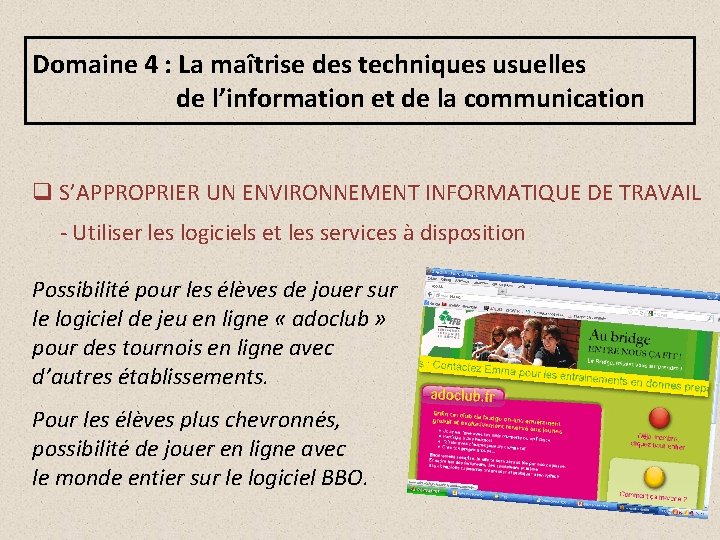 Domaine 4 : La maîtrise des techniques usuelles de l’information et de la communication