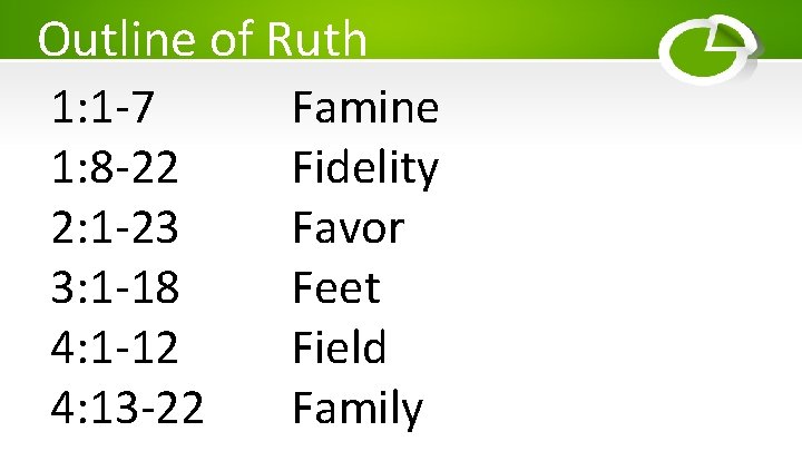 Outline of Ruth 1: 1 -7 1: 8 -22 2: 1 -23 3: 1