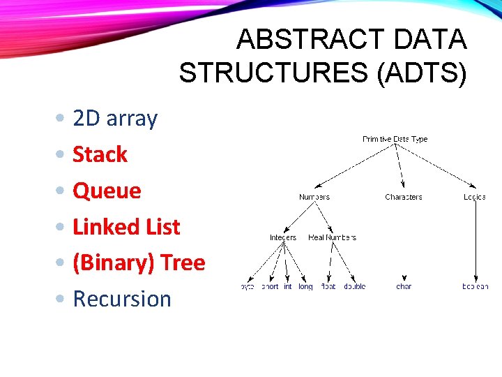 ABSTRACT DATA STRUCTURES (ADTS) • 2 D array • Stack • Queue • Linked