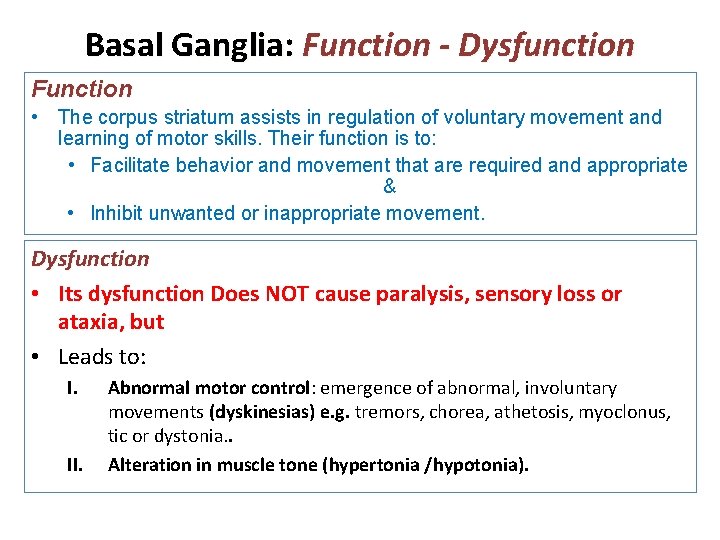 Basal Ganglia: Function - Dysfunction Function • The corpus striatum assists in regulation of