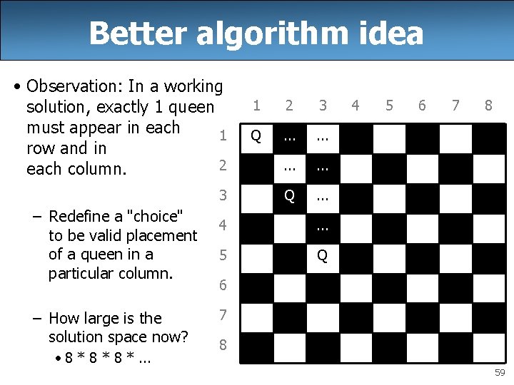 Better algorithm idea • Observation: In a working solution, exactly 1 queen must appear