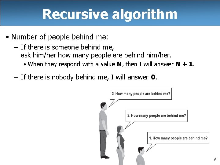 Recursive algorithm • Number of people behind me: – If there is someone behind