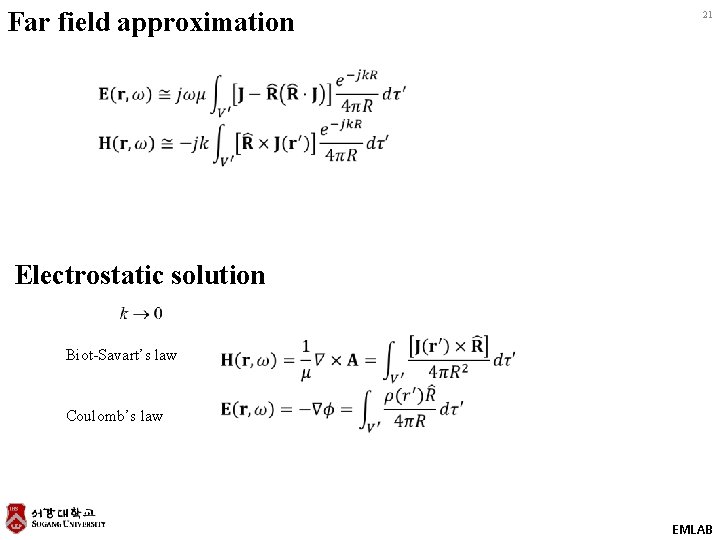 Far field approximation 21 Electrostatic solution Biot-Savart’s law Coulomb’s law EMLAB 