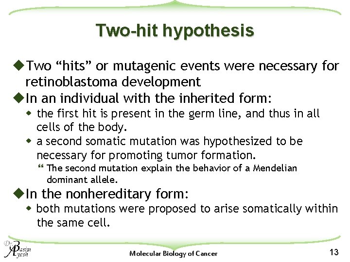 Two-hit hypothesis u. Two “hits” or mutagenic events were necessary for retinoblastoma development u.