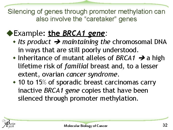 Silencing of genes through promoter methylation can also involve the “caretaker” genes u. Example: