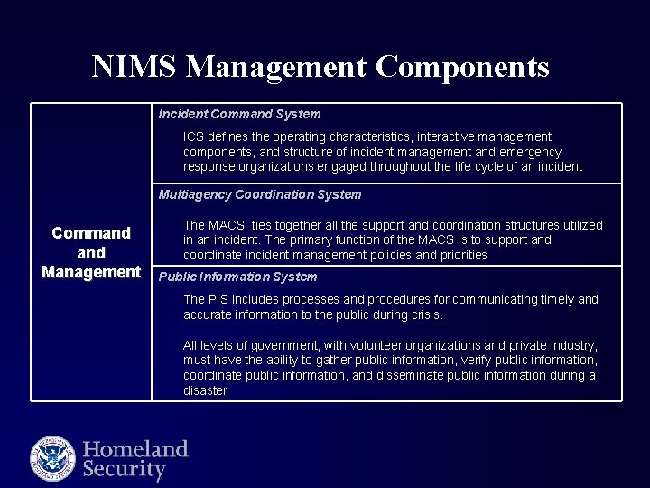 NIMS Management Components Incident Command System ICS defines the operating characteristics, interactive management components,