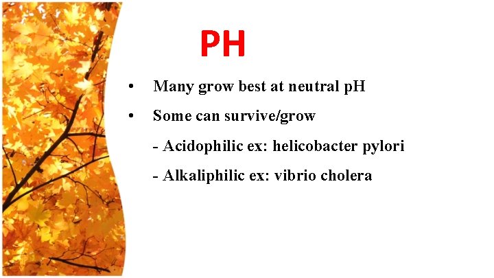 PH • Many grow best at neutral p. H • Some can survive/grow -