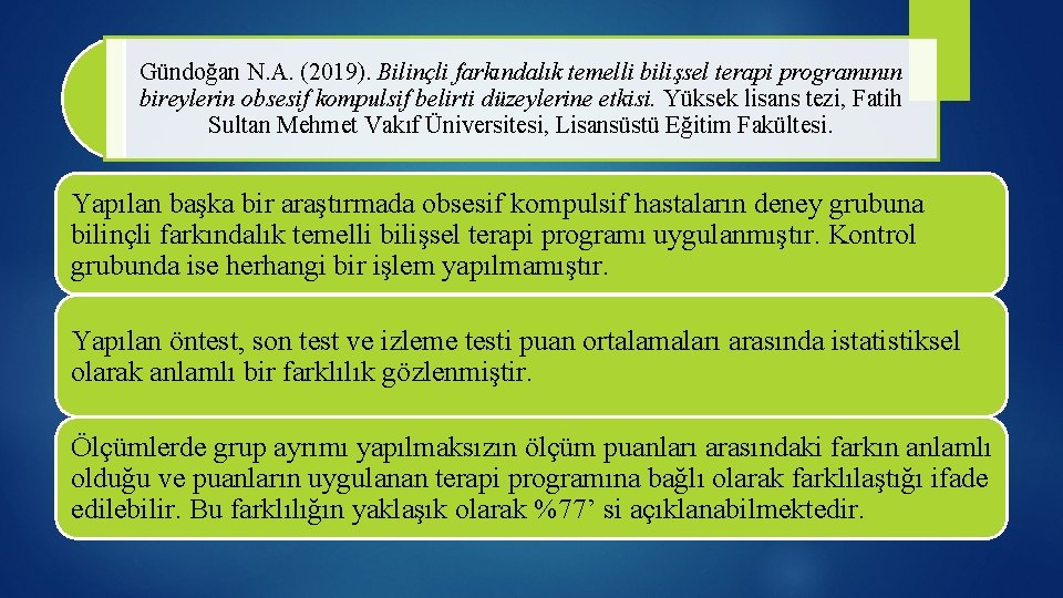 Gündoğan N. A. (2019). Bilinçli farkındalık temelli bilişsel terapi programının bireylerin obsesif kompulsif belirti